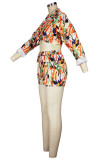 Orange Fashion Casual Print Patchwork Turndown Collar Long Sleeve Two Pieces