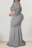 Vestido de noche de cuello cuadrado con abertura sin espalda sólida de talla grande sexy de moda gris