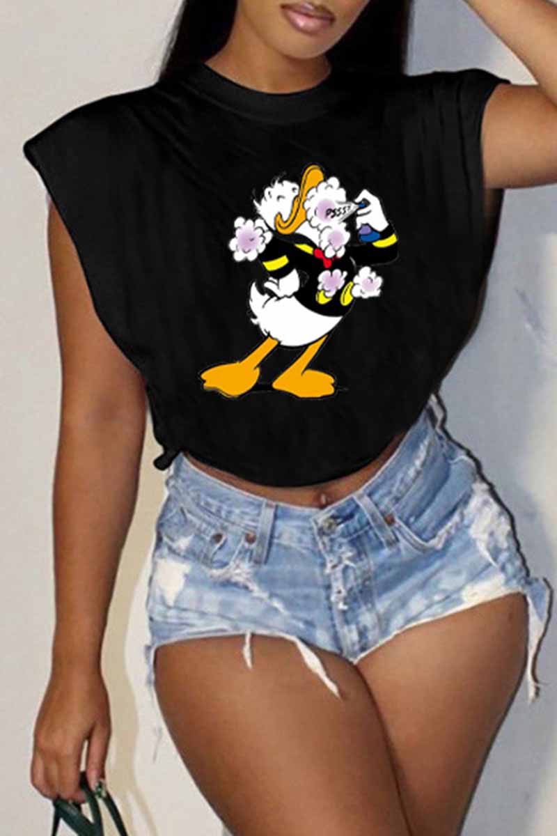 

Black Fashion Casual Character Print Patchwork O Neck T-Shirts