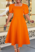 Tangerine Elegant Solid Patchwork Kvadratklänning med fyrkantig krage