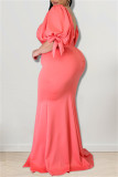 Vestido de noche de cuello cuadrado con abertura sin espalda sólida de talla grande sexy de moda rosa