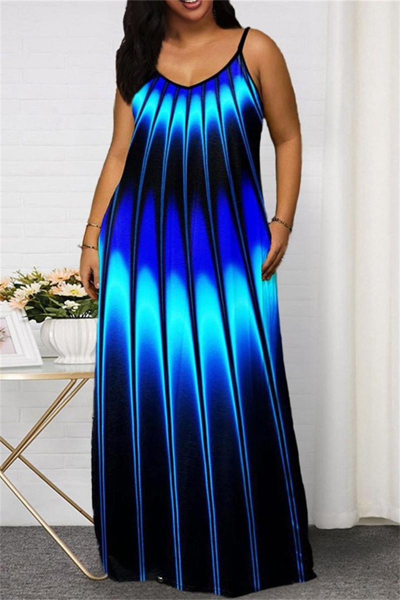 

Blue Sexy Casual Plus Size Print Backless V Neck Sling Dress
