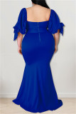 Vestido de noite azul fashion sexy plus size sólido sem costas com fenda gola quadrada