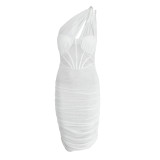 White Sexy Solid Mesh One Shoulder Pencil Skirt Dresses