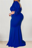 Robe de soirée col carré fente dos nu solide taille sexy bleu mode