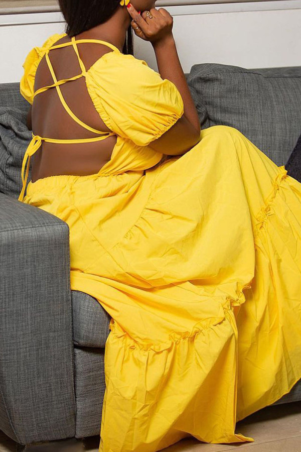 黄色のセクシーなソリッドくり抜かれたパッチワーク背中の開いたVネックストレートドレス