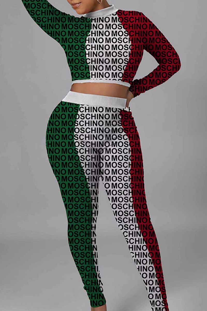 

Multi-color Fashion Casual Print Letter O Neck Long Sleeve Two Pieces