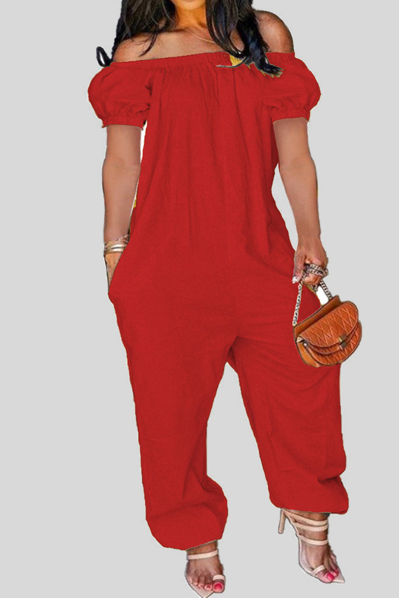 

Red Casual Solid Patchwork Off the Shoulder Loose Jumpsuits