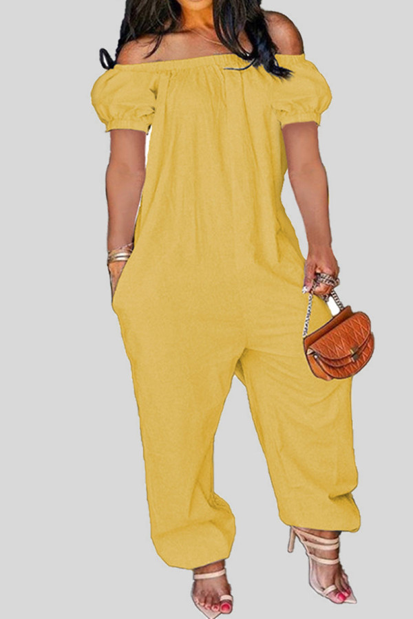 黄色のカジュアルなソリッドパッチワークオフショルダールーズジャンプスーツ
