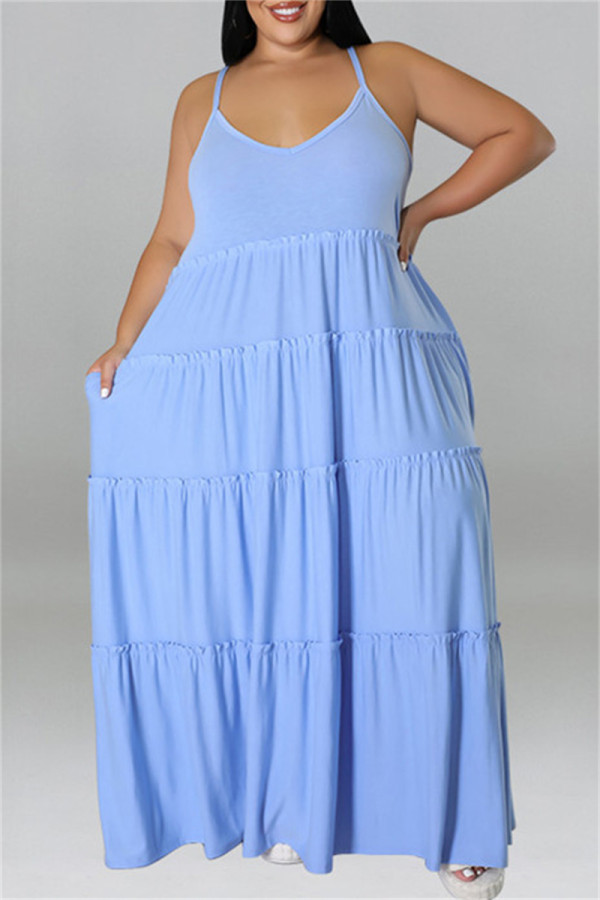 Lichtblauwe sexy casual plus size effen patchwork backless spaghettibandjes lange jurk