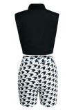 Black Street Print Hollowed Out Patchwork Half A Turtleneck Sleeveless Two Pieces