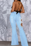 Blauwe mode casual effen uitgeholde patchwork hoge taille denim jeans