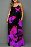 Lila Sexig Casual Plus Size Print Backless V-hals Sling Dress