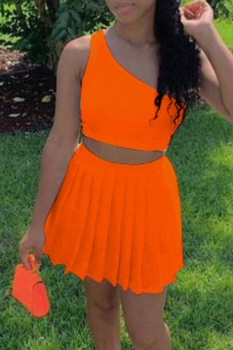 Tangerine Red Casual Solid Patchwork Fold Oblique Collar Sleeveless Two Pieces