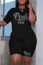 Preto Moda Casual Carta Perfuração a Quente Patchwork O Gola Manga Curta Plus Size Duas Peças