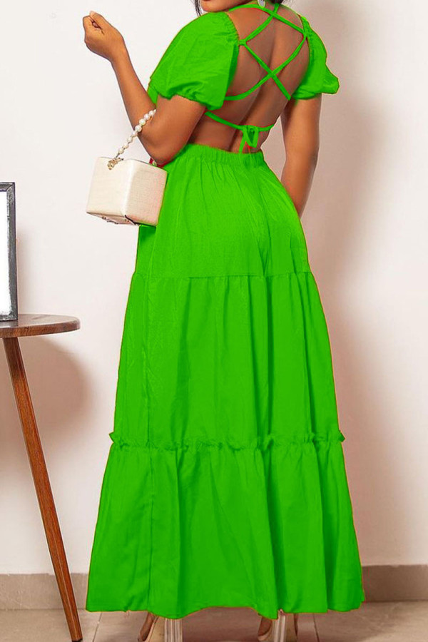Grön sexig solid urholkad lapptäcke rygglös V-hals raka klänningar
