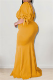 Vestido de noche de cuello cuadrado con abertura sin espalda sólida de talla grande sexy de moda amarilla