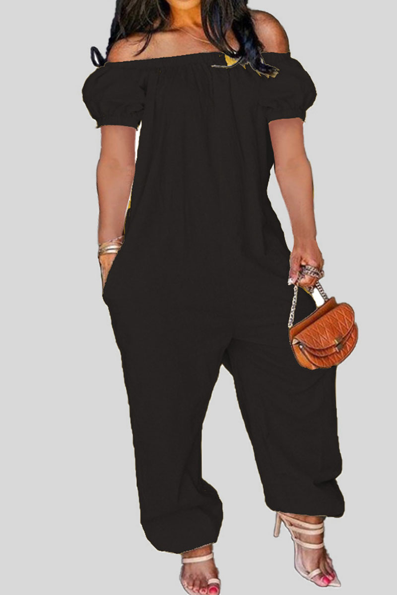 

Black Casual Solid Patchwork Off the Shoulder Loose Jumpsuits