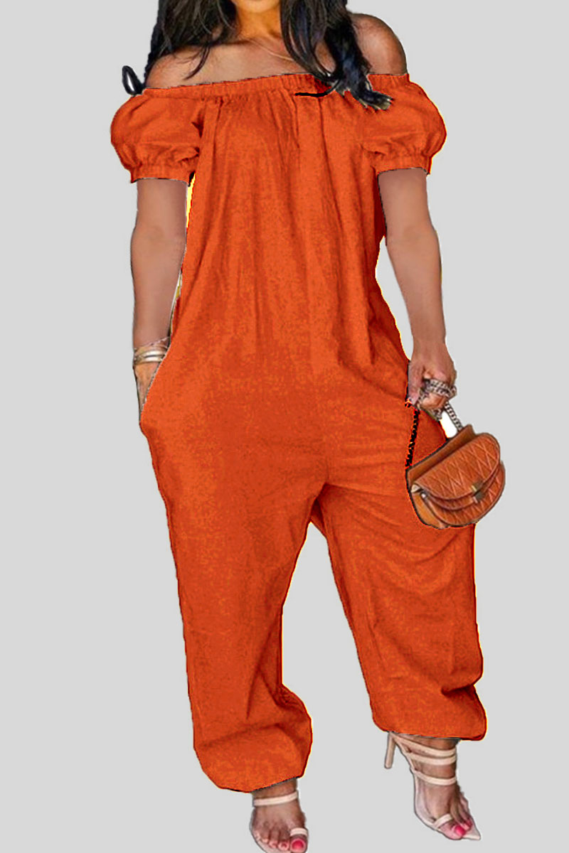 

Tangerine Red Casual Solid Patchwork Off the Shoulder Loose Jumpsuits