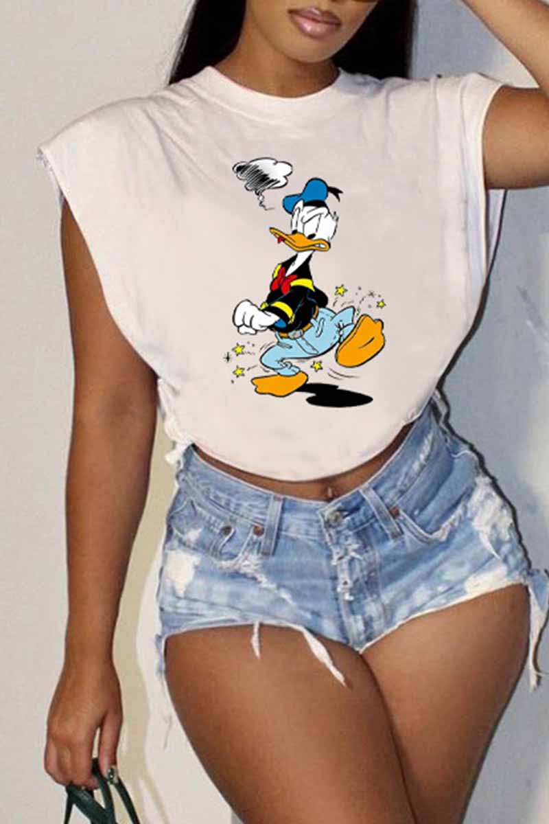 

White Fashion Casual Character Print Patchwork O Neck T-Shirts
