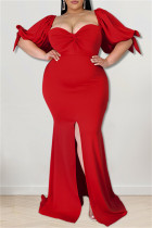Vestido de noite vermelho fashion sexy plus size sólido sem costas com fenda gola quadrada