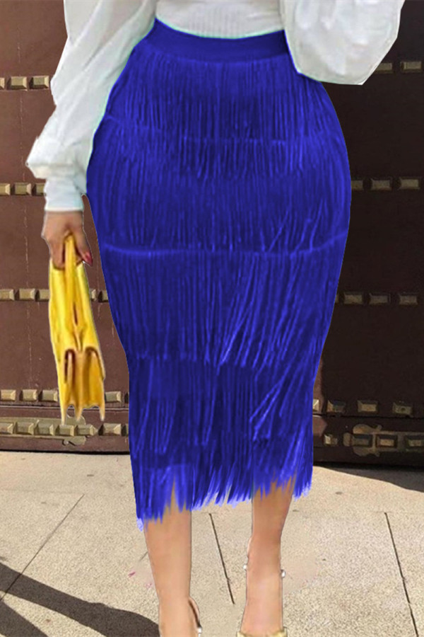 Calças retas de cor sólida com borla azul moda regular cintura alta regular