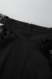 Monos rectos con cuello en O transparentes de patchwork sólido elegante negro (contienen el cinturón)