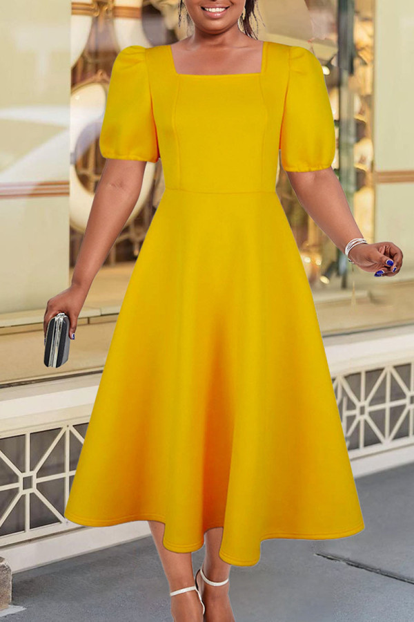 Gelbe, elegante, solide Patchwork-Abendkleider mit quadratischem Kragen