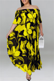 Zwarte mode casual plus size print patchwork backless off-shoulder lange jurk