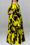 ブラックファッションカジュアルプラスサイズプリントパッチワークバックレスオフショルダーロングドレス