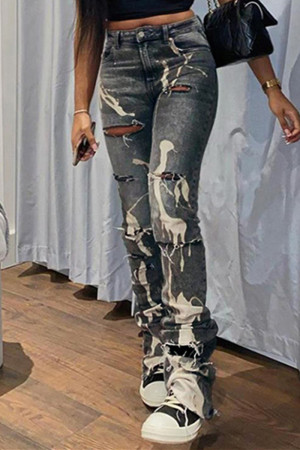Black Gray Fashion Casual Splash-ink Print High Waist Regular Ripped Denim Jeans