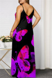 Purple Sexy Casual Plus Size Print Backless V Neck Sling Dress