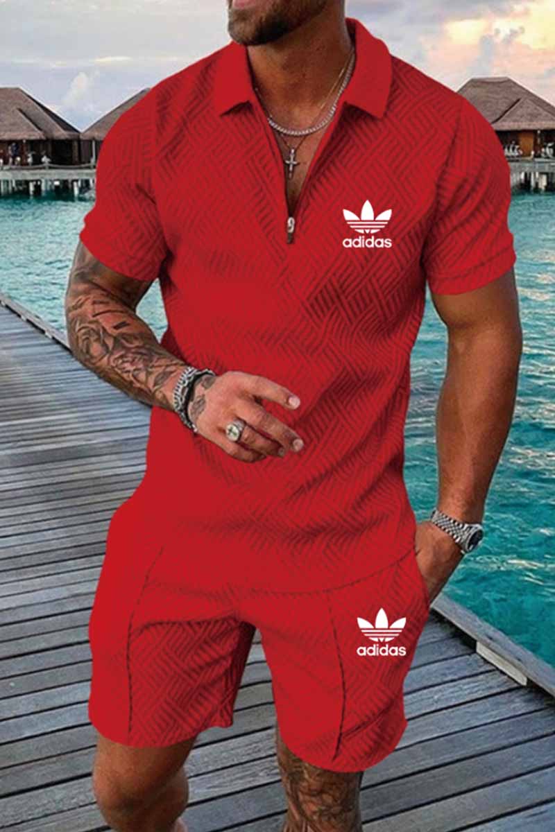 

Red Fashion Casual Print Patchwork Turndown Collar Short Sleeve Two Pieces