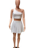 White Casual Solid Patchwork Fold Oblique Collar Sleeveless Two Pieces