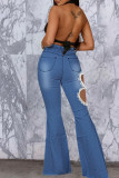 Blaue, modische, lässige, solide, ausgehöhlte Patchwork-Denim-Jeans mit hoher Taille