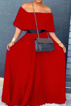 肩のストレートドレスを折りたたむ赤いカジュアルでエレガントなソリッドパッチワーク