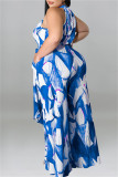 Purplish Blue Fashion Casual Print Patchwork O Neck Plus Size Jumpsuits