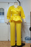 Желтые модные повседневные однотонные горячие буровые пэчворк с V-образным вырезом и половиной рукава из двух частей