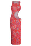 Rode sexy print uitgeholde patchwork O-hals eenstaps rokjurken