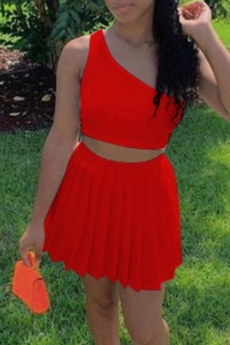 Red Casual Solid Patchwork Fold Oblique Collar Sleeveless Two Pieces