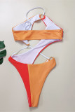 Orange Mode Sexy Patchwork Einfarbig Ausgehöhlt Rückenfrei Kontrast Bademode (mit Polsterung)