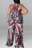 Paarsblauwe mode casual print patchwork O-hals plus size jumpsuits