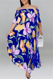 Black Fashion Casual Plus Size Print Patchwork Backless Off the Shoulder Long Dress