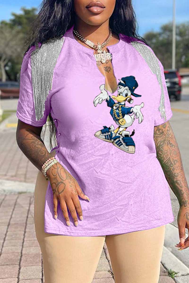 

Light Purple Fashion Sexy Character Print Patchwork V Neck T-Shirts