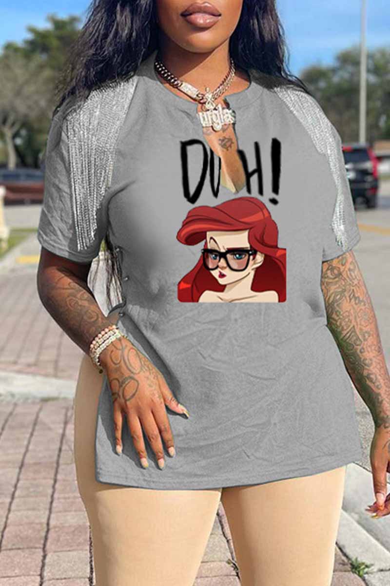 

Grey Fashion Sexy Character Print Tassel V Neck T-Shirts