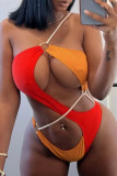 Оранжевый модный сексуальный лоскутный однотонный контрастный купальник с вырезом на спине (с прокладками)