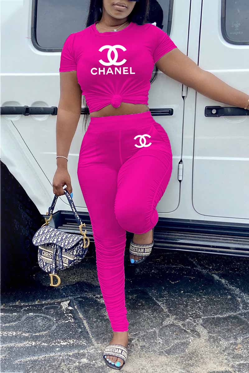 

Rose Red Fashion Casual Print Letter O Neck Short Sleeve Two Pieces