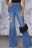 Jeans in denim a vita alta patchwork solido blu moda casual scavato