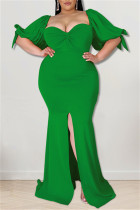 Vestido de noche de cuello cuadrado con abertura sin espalda sólida de talla grande sexy de moda verde