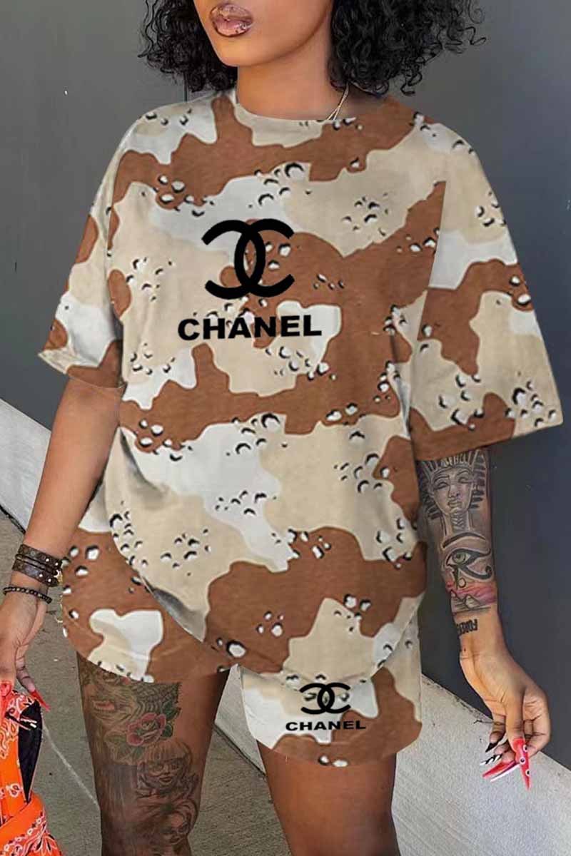 

Light Color Fashion Casual Camouflage Print Letter O Neck Short Sleeve Two Pieces